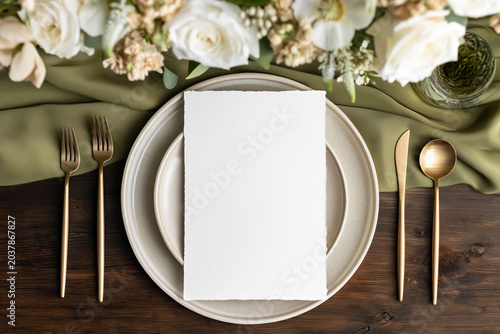 Festive table setting with ceramic plates, floral arrangement, gold cutlery and menu mockup made from handmade paper with deckle edges