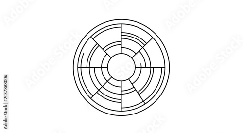 Circular geometric diagram composed of concentric rings and segmented black lines, creating a technical or abstract mandala design on a white background.
