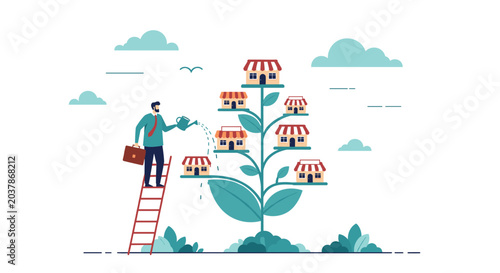 Successful male entrepreneur on ladder watering a money tree that grows small storefront shops instead of leaves.