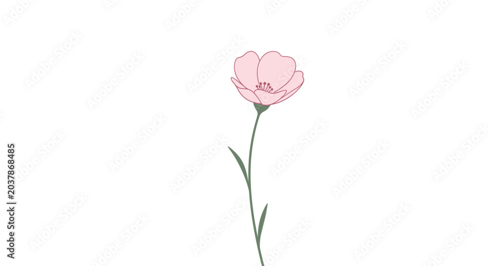 Obraz premium Delicate hand-drawn illustration of single light pink flower with thin green stem and two leaves, isolated on a white background for minimalist design.
