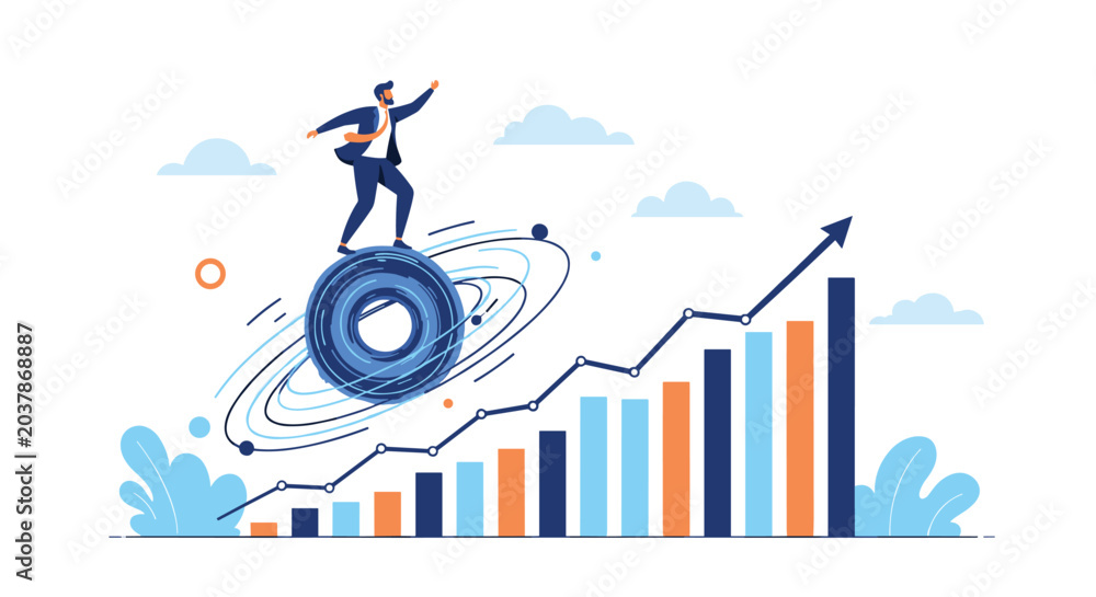 Fototapeta premium Innovative businessman surfing on a blue digital ring above an upward trending bar chart to visualize data driven growth and agility.