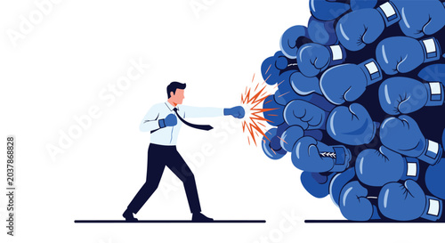 Resilient businessman wearing blue gloves punching through a large pile of boxing gloves to overcome multiple obstacles and competition.