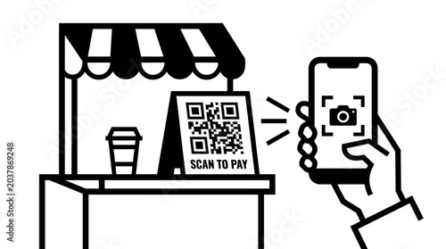 Hand holding smartphone scanning QR code for payment at a small shop.