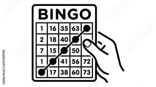 Hand holding a bingo card with numbers and a winning diagonal line.