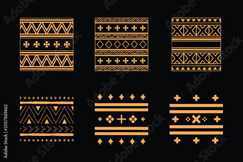 Hand-drawn tribal ethnic geometric patterns and borders isolated on black background.