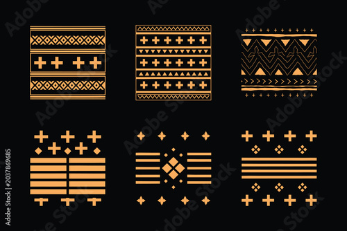 Hand-drawn tribal ethnic geometric patterns and borders isolated on black background.