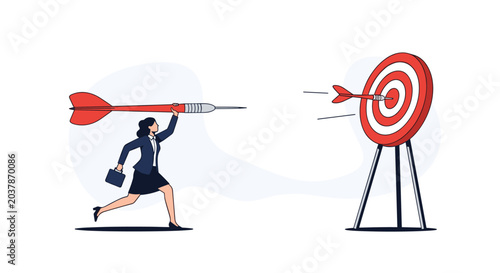 Focused businesswoman running towards a target and throwing a giant dart to achieve success and hit the bullseye perfectly.