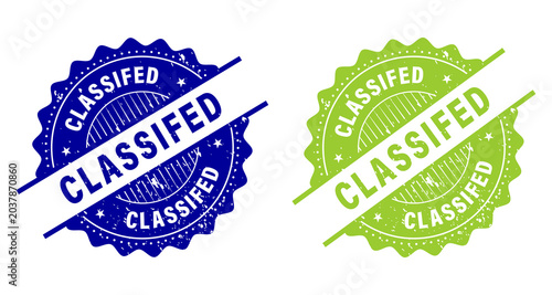 Grunge blue and green classified word round rubber seal stamp on transparent background