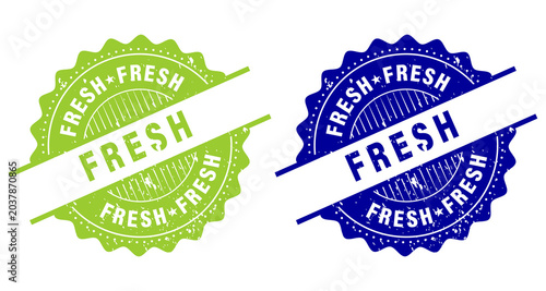 Grunge Green and Blue fresh word round rubber seal stamp on transparent background