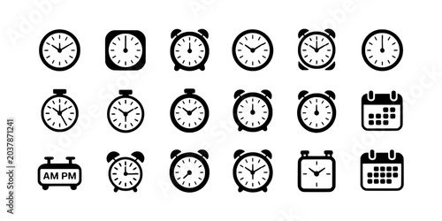 Clocks and calendar icons set with various styles and designs featuring clock, icon, time with alarm and digital elements for analog, vintage