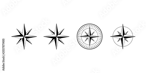 Compass star badge icons set with tactical crosshair points, circular etching, and minimalist line style for navigation
