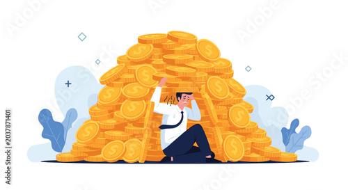 Stressed office worker buried under a massive pile of giant gold coins, illustrating the pressure of wealth or financial burden.