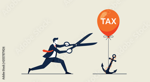 Determined businessman using large scissors to cut the rope of a tax balloon anchored to the ground to represent fiscal relief.