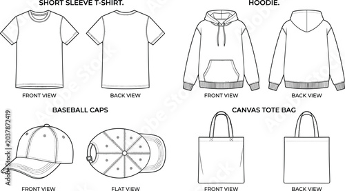 Cuadro en lienzo Vector illustration of T‑shirt, hoodie, cap, and tote bag technical sketches rep