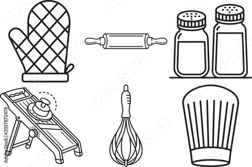 Kitchen Cooking Accessories Outline Vector Icon Set | Baking and Culinary Tools Line Art