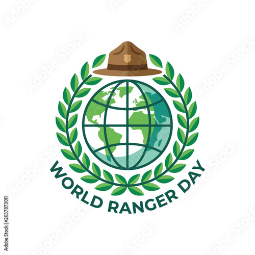 Konstfotografi Globe with laurel wreath and hat a vector illustration for world ranger day cele