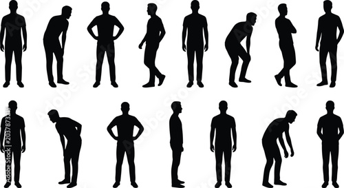 Cuadro en lienzo Vector silhouette collection set of a young male figure standing, bending, leani