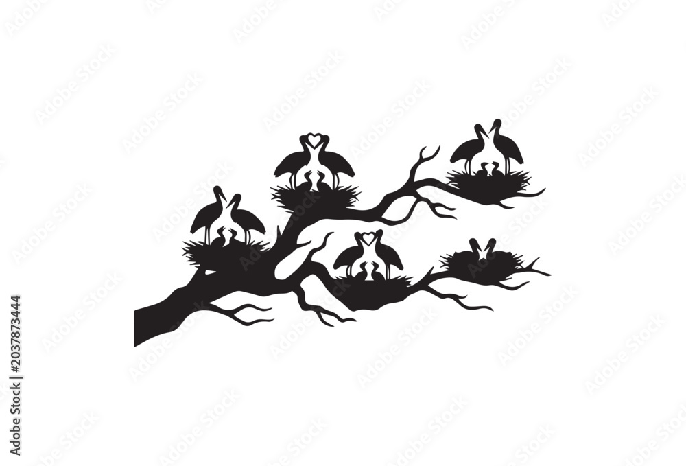 Fototapeta premium Birds on tree branch, black silhouette, vector illustration, nature icons, wildlife symbols