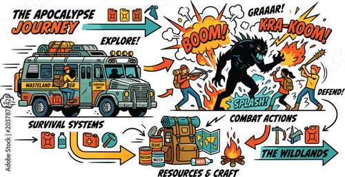 Canvas Print Apocalypse journey comic vector illustration with survival systems mutant battle