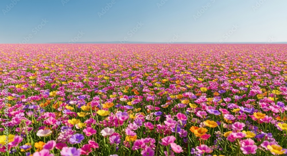 Fototapeta premium A massive, colorful expanse of wild blossoms stretching toward the horizon under a clear blue sky, capturing the essence of spring and summer growth, field, flower, blossom