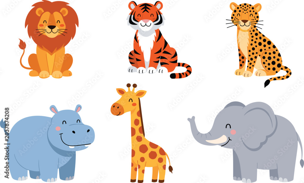 Obraz premium Cute Safari Animal Character Set with Happy Lion Tiger Leopard Hippo Giraffe and Elephant for Kids Nursery Decor Stickers and Childrens Birthday Greeting Card Designs
