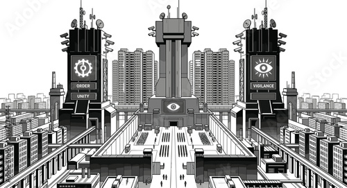 Canvastavla Brutalist surveillance megacity vector illustration with authoritarian dystopian