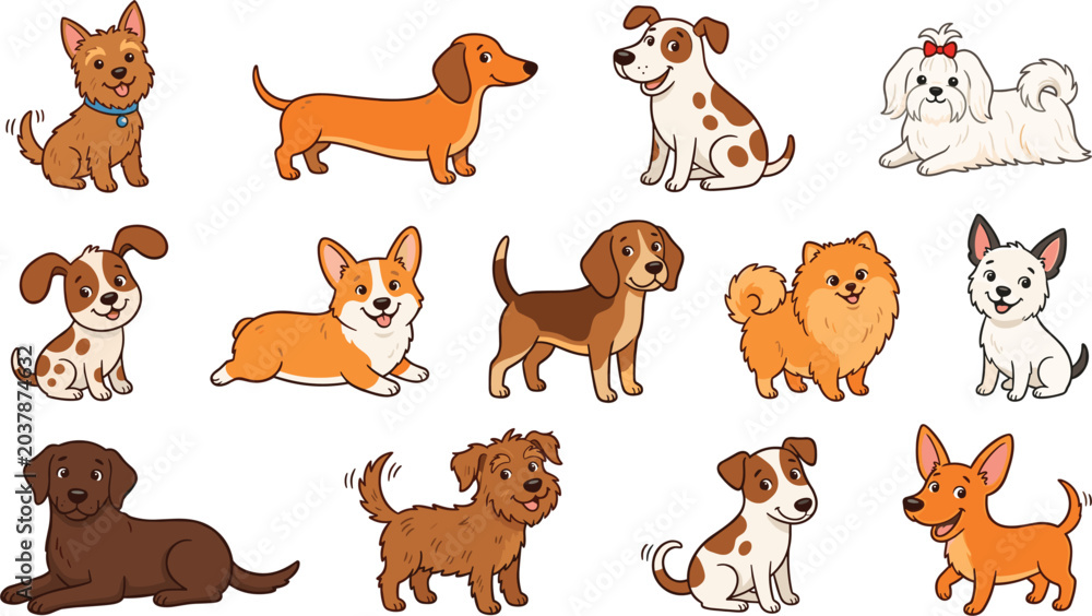 Obraz premium Cute Cartoon Dog Breeds Vector Character Collection Featuring Happy Corgi Dachshund Beagle Pomeranian Chihuahua Retriever and Poodle Illustrations for Pet Lovers and Kids