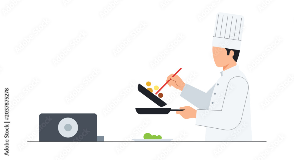 Fototapeta premium Chef cooking in a pan with chopsticks, professional culinary preparation