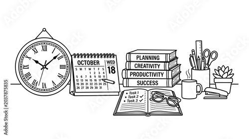 Hand drawn office desk workspace with planner and clock.