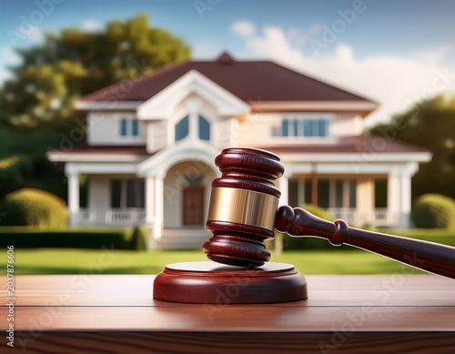 wooden judge gavel on table with luxury house in background real estate law and property auction concept