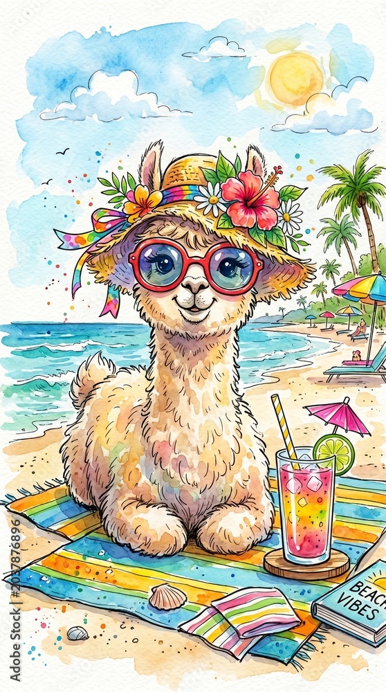 Obraz premium Watercolor alpaca on beach vacation, cute llama wearing sun hat and sunglasses, tropical summer holiday illustration with cocktail isolated on White Background