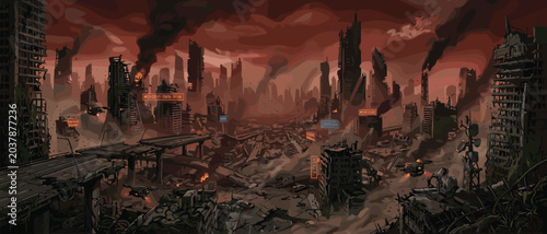 Schilderij op canvas Post apocalyptic dystopian cityscape vector illustration with ruined megastructu