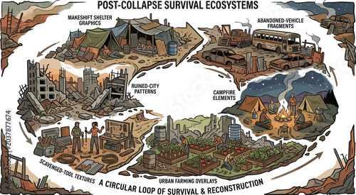 Tableau sur toile Post collapse survival ecosystem vector infographic with ruined city reconstruct