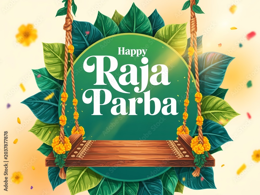 Fototapeta premium Happy raja parba festival greeting card with traditional wooden swing decorated with marigold flowers and green leaves