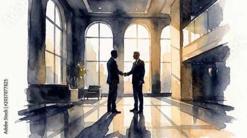 Executive shaking hands in corporate � calm watercolor painting stock concept