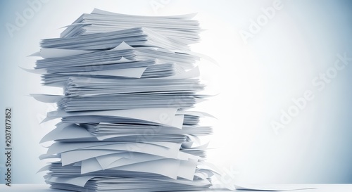 An overwhelming, disorganized pile of white paper documents overflowing a desk, symbolizing bureaucracy, heavy workload, and administrative chaos, office, volume, wood