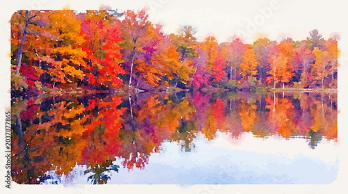 Watercolor painting of colorful autumn foliage perfectly reflected, cheerful mood