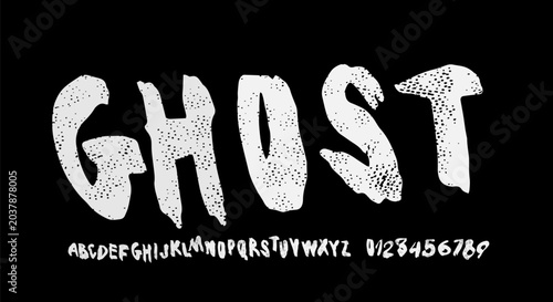 Handwritten brush sans serif font in grunge style. Letters and numbers with rough texture for emblem and t-shirt design. White print on black background