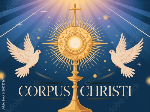 Corpus christi religious celebration with monstrance and doves
