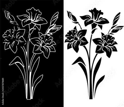 Tableau sur toile Daffodil flower bouquet silho...