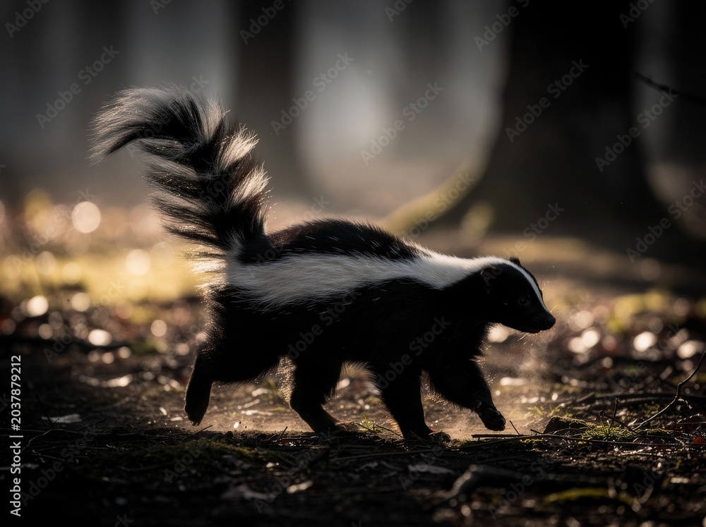 Naklejka premium Skunk walking through a dappled forest floor