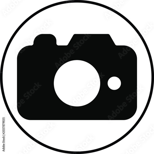 Black camera icon in a circle isolated on white background