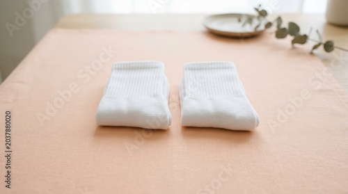 Two pairs of clean white socks neatly folded on a soft peach fabric surface.