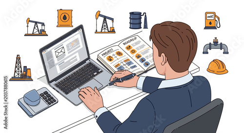 Businessman analyzing oil industry data on laptop.