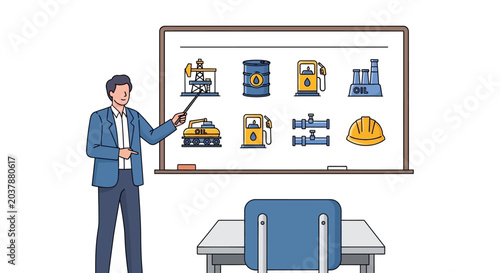 Businessman presenting industrial icons on whiteboard.