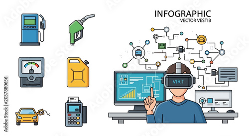 Infographic vector web illustration with virtual reality headset and various icons.