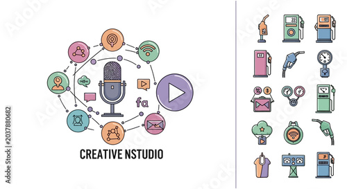 Creative studio icons and multimedia production.