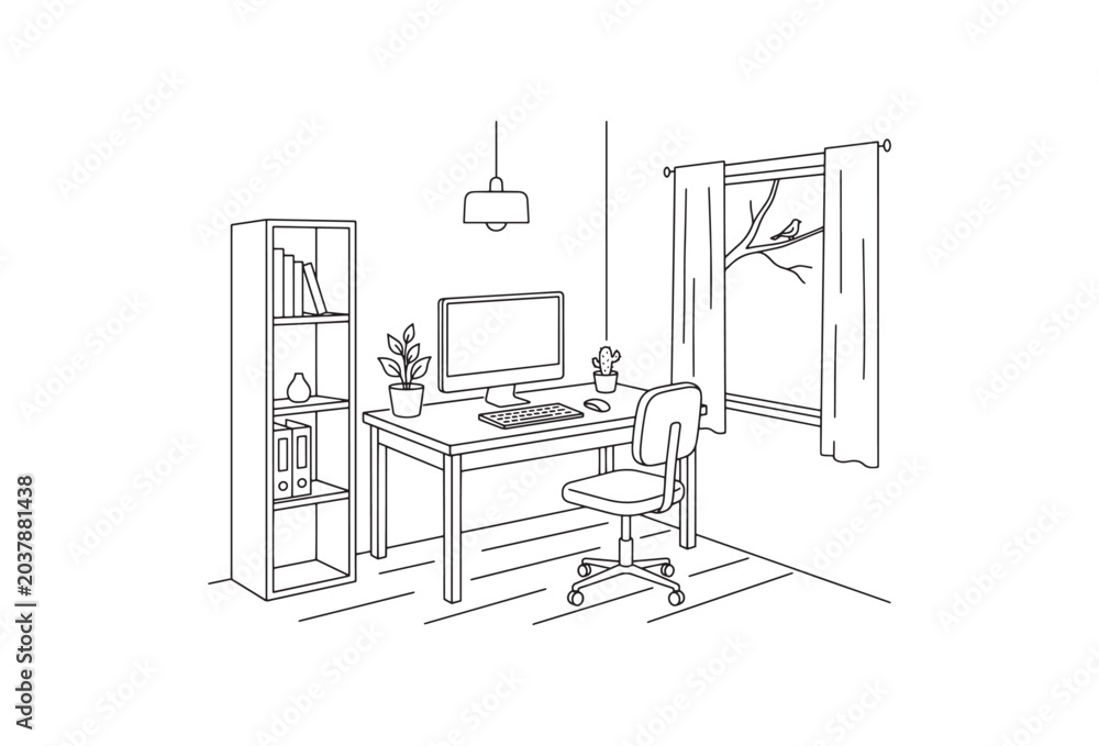 Fototapeta premium Modern home office, minimalist workspace, desk with computer, office furniture, interior design