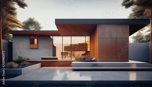modern house exterior concrete wall large glass window wooden accent flat roof minimalist style urban home contemporary design