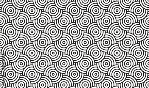 Black and White Seamless Geometric Wave Pattern, Abstract Concentric Circles and Interlocking Line Art Background, Modern Minimalist Vector Texture for Corporate Branding and Packaging 